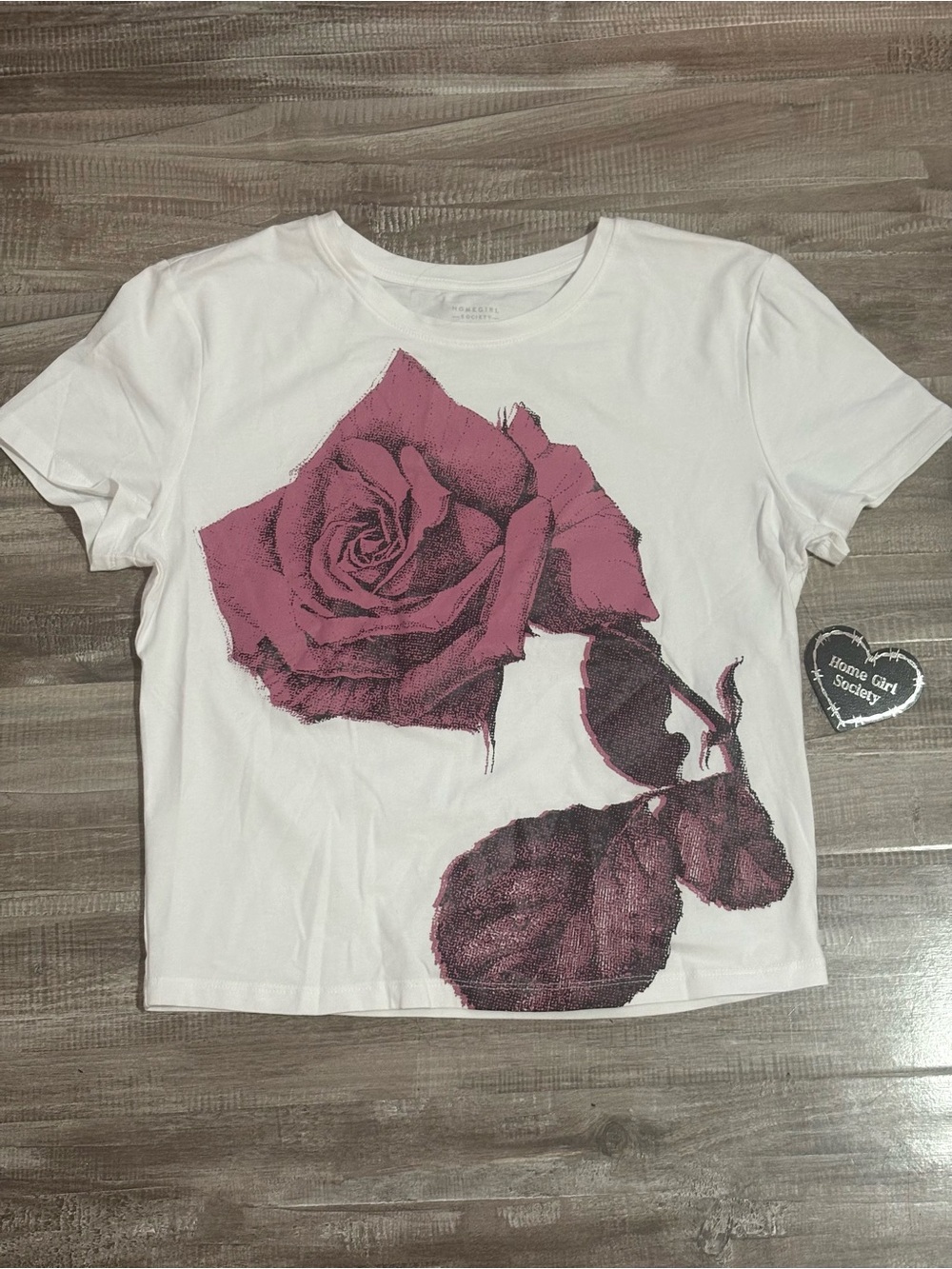 NEW Cute Womens Home Girl Society White Pink Rose Graphic Crop Top Tee XL
